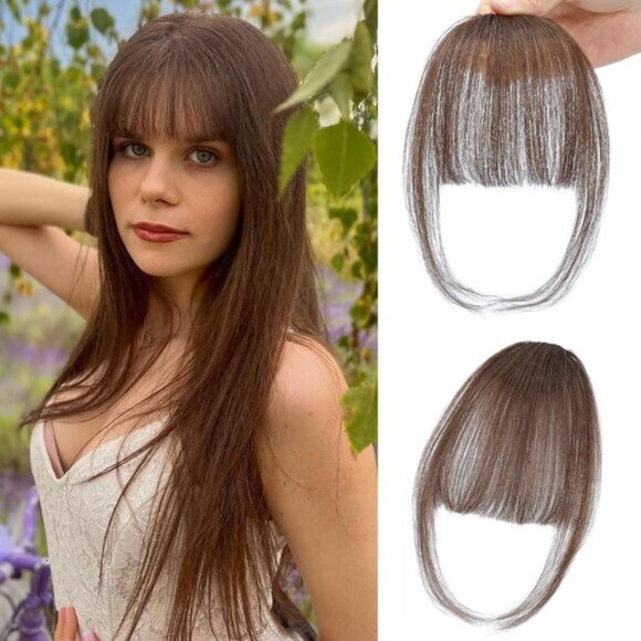 New Clip-in Brown Human Hair Bangs Wispy Air Bangs with Temples